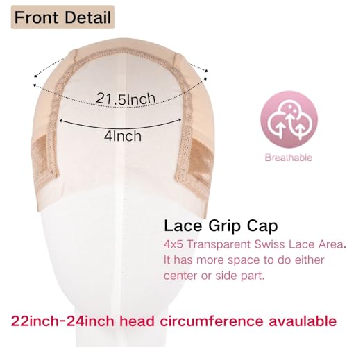 Lace Wig Grip Cap Women: 4x5 Transparent Swiss Lace Area - Non-slip Wig Gripper for Keeping Wigs Lace Front In Place - Stocking Dome Cap with Built In Elastic Headband (Light Brown)
