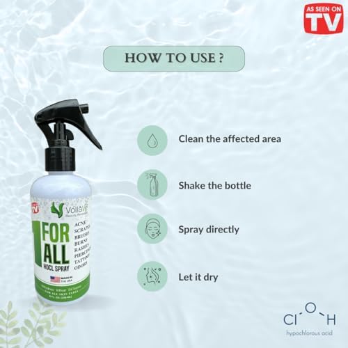 VoilaVe Pure Hypochlorous Acid Spray, All-in-One Skin Spray for Every Skin Type | HOCL Spray | Supports Acne, Scraps, Bruises, Rashes, Piercings, Tattoos, and Odors | Multi-Purpose Cleaner Spray 8 Oz