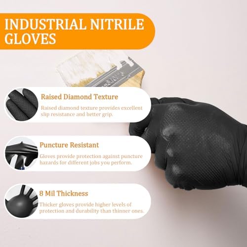 8 Mil Nitrile Gloves, Disposable Powder & Latex Free Heavy Duty Industrial Gloves Raised Diamond Texture for Mechanic
