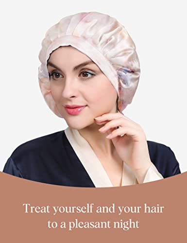 LilySilk 100% Mulberry Silk Bonnet, Silk Night Sleep Cap Adjustable Hair Wrap for Sleeping, Pink Purple Water