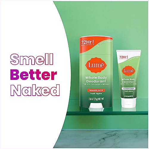 Lume Whole Body Deodorant - Invisible Cream Tube Mini and Solid Stick - 72 Hour Odor Control - Aluminum Free, Baking Soda Free, Skin Safe - 0.5 Oz Mini Tube + 2.6 Oz Solid Stick (Fresh Alpine)