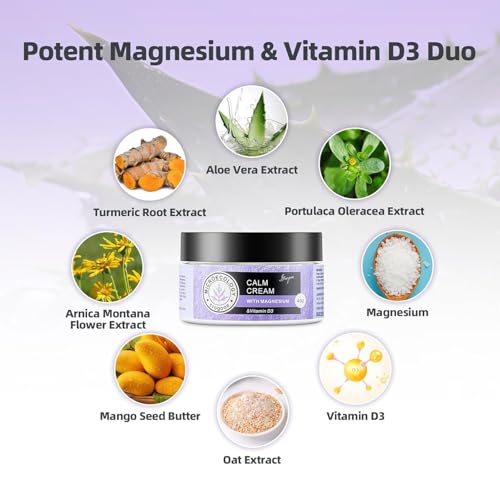 Magnesium Body Calm Cream [Natural & Vegan] - Topical Magnesium Cream Lotion Support for Sleep, Apply to Legs, Arms or Chest, With Magnesium & Vitamins D3, 4oz