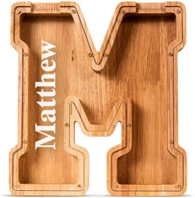 Summidate Customized Name Large Wooden Piggy Bank for Kids Boys Girls Alphabets Letter A-Z Coins Bills Money Change Bank Box Initial on Clear Cover (Laser Engraved) (Alphabet-M, Personalized-9")