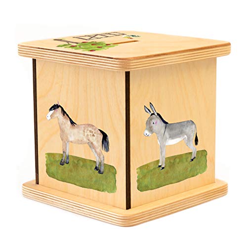 Wooden Piggy Bank for Kids and Adults, Personalized Gift Handmade in USA by BloomOwl, Custom Piggy Bank, Personalized Banks for Kids, Gifts for Baby Boys and Girls (Farm- Blue)