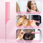 BRUSHZOO Hair Brush Set, Hair Brushes for Women Men kid Wet Dry All Hair Detangling Parting Styling, Brush Set with Detangler Brush, Edge Brush, Teasing brush, Rat Tail Comb (Pink)
