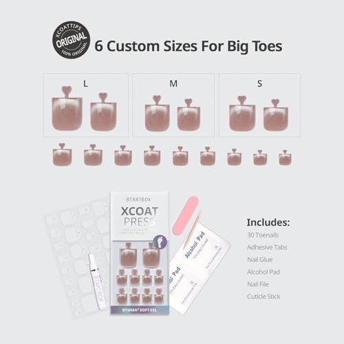 BTArtbox Press On Toenails - Lamp-Curable Real Square Cat Eye Toe Nail Press Ons with Glue for Women, Semi-Transparent Fake Toe Nail Tips in 15 Sizes - 30 Toenails Kit, Hazel Gleam