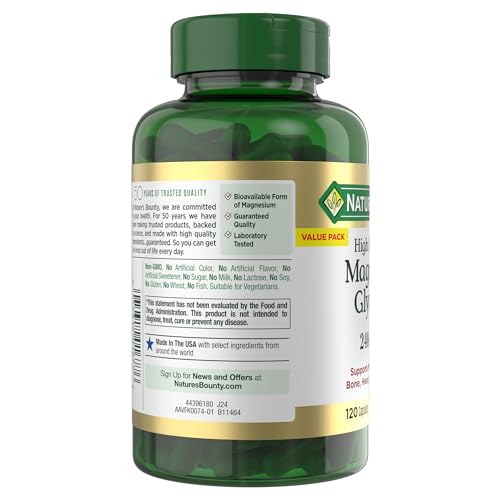 Nature’s Bounty High Absorption Magnesium Glycinate 240 mg for Supporting Muscle Relaxation and Bone, Heart & Nerve Health – Non-GMO, Gluten-Free, Vegetarian, 120 Count/60 Servings