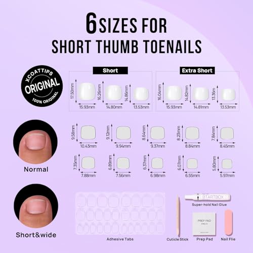 BTArtbox Press on Toenails Short, White Press on Toe Nails Square, Light Weight & Fit Perfectly Glue On Toenails with Glue, Fake Toenails in 16 Sizes- 32 Toenails Kit, Pure Chic