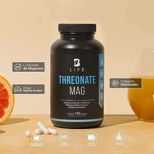 Threonate Mag 180 Cápsulas. Ingredientes Naturales: L Treonato de Magnesio, Melena de Leon y Colágeno Hidrolizado. L Threonate Mag B Life.
