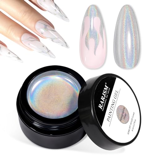 RARJSM Metallic Painting Gel Nail Polish Silver Mirror Chrome Holographic Laser Rainbow Effect Metal Painted Drawing Gel Polish Glossy Shine 8ml Soak Off Curing Need Home Salon DIY Nail Art Design