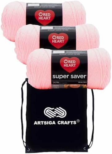 Red Heart Super Saver Petal Pink E300-373 (3-Skeins - Same Dye Lot) Worsted Medium #4 Acrylic Yarn for Crocheting and Knitting with Project Bag