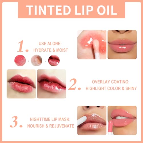 Hydrating Lip Glow Oil - 2PCS Tinted Moisturizing Lip Gloss Plumping Long-Lasting Shiny Fruit Flavor Lip Stain, 0.10 Fl Oz (Raspberry&Peony)