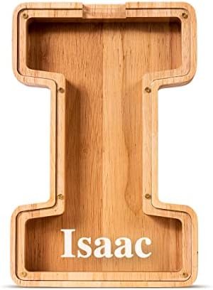 Summidate Customized Name Large Wooden Piggy Bank for Kids Boys Girls Alphabets Letter A-Z Coins Bills Money Change Bank Box Initial on Clear Cover (Laser Engraved) (Alphabet-I, Personalized-9")