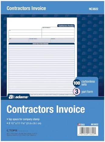 Adams Contractor Invoice Forms, 8.5 x 11.44 Inch, 3-Part, Carbonless, 100-Pack, White, Canary and Pink (NC3822)