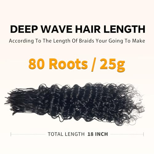 Pre-Divided Deep Wave Human Braiding Hair for Boho Braids Bulk Hair Pre-streached Human Braiding Hair Deep Wave For Black Women (Natural Black, 18 Inch - 80 Roots)