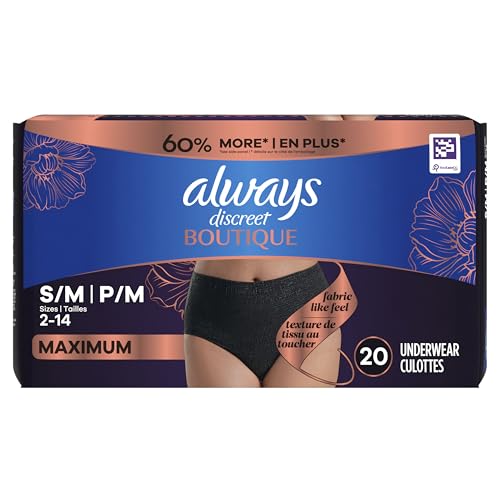 Always Discreet Boutique Incontinence and Postpartum Underwear for Women, Maximum Protection, Small/Medium, Black, 20 Count