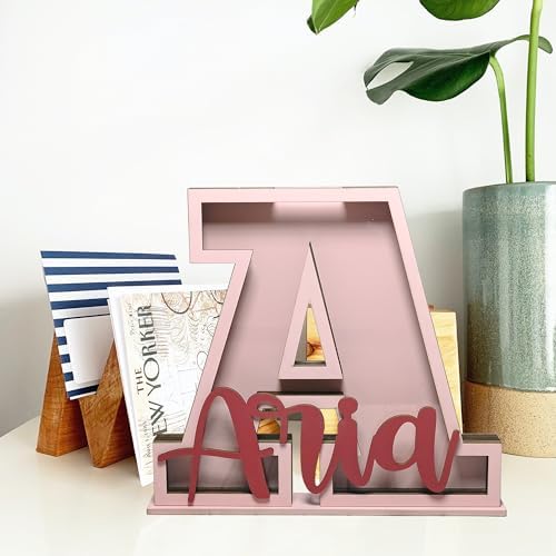 Personalized Name Letter Piggy Bank, 26 Letters Wooden Kids Piggy Bank for Birthday, Custom Large Small Wood Money Box Gift for Boys Girls Christmas