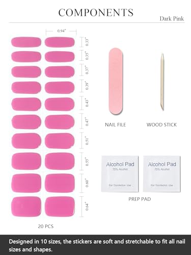 Semi Cured Gel Nail Strips (Dark Pink)-20 PCS Jelly Pink Gel Nail Stickers | UV Light Required | Gel Nail Wraps, Salon Quality & Easy to Use