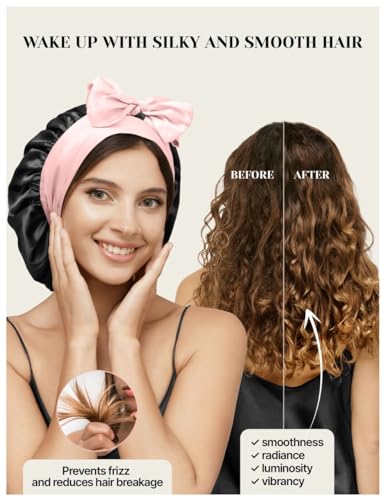100% Mulberry Silk Bonnet for Sleeping Women with Curly Hair - Short Long Hair Bonnet for Sleeping - Alternative to Double Layer Satin Bonnet with Tie Band - Premium Hair Wrap for Sleep Black