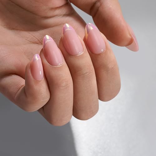 BTArtbox French Tip Press On Nails Almond - Press on Nails Short with Metallic Chrome Silver Finish, Supremely Fit & Natural Glue On Nails in 16 Sizes, Dazzling Pink