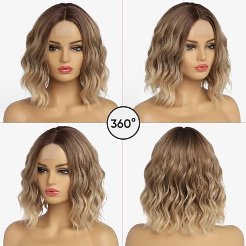 Short Ombre Blonde Wavy Wig for Women 14 Inch Shoulder Length Middle Part Curly Wavy Bob Wig Natural Looking Synthetic Heat Resistant Fiber Wig for Daily Party Use