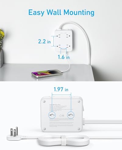 Anker Surge Protector Flat Plug Power Strip 2000J, 5ft Thin Extension Cord, 8 Outlets,2 USB A and 1 USB C Port,20W for iPhone15,Wall Mount,Compact for Home,Office,Room,TUV Listed