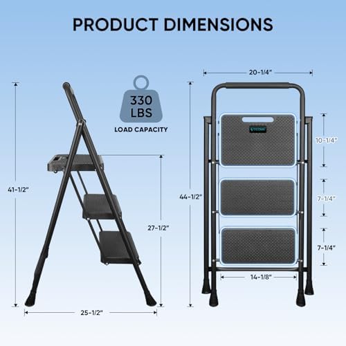 TICONN 3 Step Ladder, Heavy Duty Foldable Step Stool, Portable Steel Folding Stool for Household Garage Storage (Black)