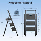 TICONN 3 Step Ladder, Heavy Duty Foldable Step Stool, Portable Steel Folding Stool for Household Garage Storage (Black)