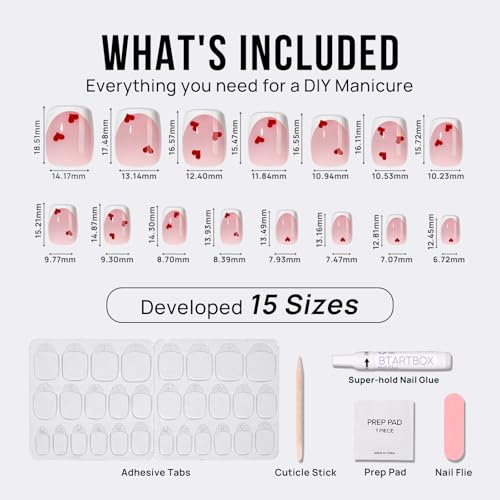 BTArtbox French Tip Press On Nails - Short Square Press On Nails with Hearts, Pink Glue On Nails, Reusable Stick On Nails in 15 Sizes, 30 Nail Kit, Endless Love