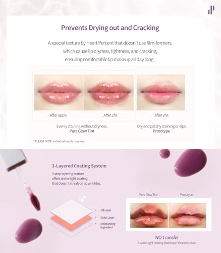 Heart Percent Dote On Mood Pure Glow Tint, Watery & Lightweight Moisturizing Lip Stain Long Lasting Liquid Lipstick 6.8g, #10. Fuchsia Pink