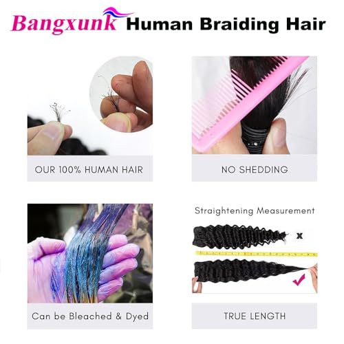 Human Braiding Hair 2 Bundles/Pack 100g Deep Wave Human Bulk Hair for Braiding No Weft 10A Brazilian Virgin Human braiding Hair for Boho Braids Extensions (Natural Color, 16 inch)