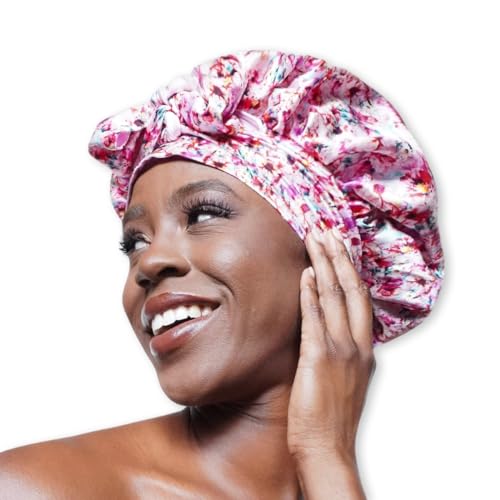 Floral 100% Pure Silk Hair Bonnet Luxurious Reversible Wonder Loop Mulberry Silk for Curly Hair - Ultimate Sleeping Companion with Ties for Women