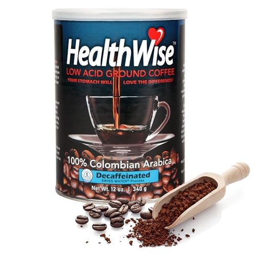 Healthwise Low Acid Decaf Ground Coffee, Chemical-Free SW Process, 99% Caffeine free, 100% Colombian - Medium Roast, Healthier Coffee for Sensitive Stomachs-12 Ounce Cans (Pack of 9)