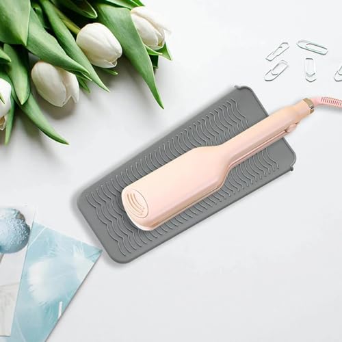 2 Heat Resistant Silicone Mat with Hanging Hole, Straightener Heat Resistant Travel Mat & Pouch for Curling Iron, Flat Iron and Other Hot Hair Styling Tools, 11 x 5 in, Gray