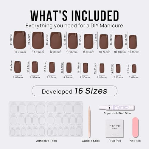 BTArtbox Press on Nails Short Square - Dark Brown Nails with Glossy French Tips in a Matte Finish, Soft Gel Fake Nails Glue On Nails in 16 Sizes for Gift, Coffee Toffee