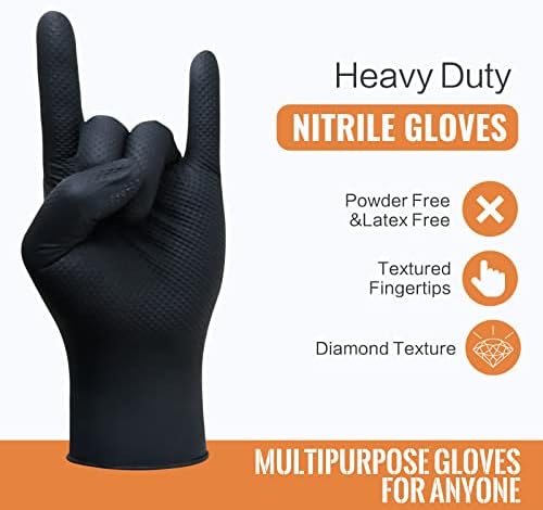 Wostar Black Nitrile Disposable Gloves Medium 8 Mil 100Pcs Latex & Powder-Free Industrial Raised Diamond Texture Black Gloves