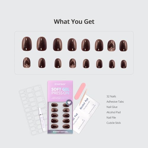 BTArtbox Extra Short Almond Press On Nails - Brown Cat Eye Press On Nails with Glue for Women, Opaque Soft Gel Glue On Nails in 16 Sizes - 32 Stick On Nails Kit, Heart Coffee Art
