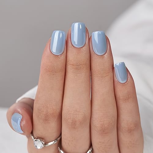 BTArtbox Press On Nails Short - Square Press On Nails, Blue Glossy Nail Tips Glue On Nails with Nail Glue, Reusable Stick On Nails in 15 Sizes - 30 Soft Gel Fake Nails Kit, Ocean Glazed