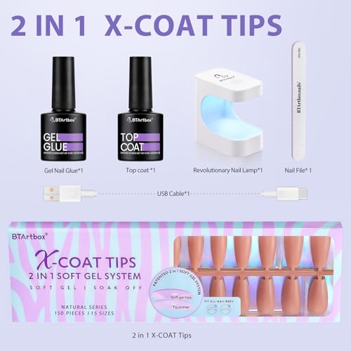 BTArtbox XCOATTIPS Gel Nail Kit - Medium Coffin Press on Nails Pre-applied Tip Primer with Gel Glue and Top Coat, Brown Fake Nails for Daily Nail Art