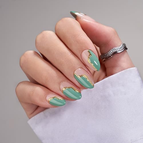 BTArtbox Press On Nails Almond - Spring Green French Tip Press On Nails Short for Gift, Light Weight Nail Tips, Natural Fake Nail with Glue, Glue On Nails in 16 Sizes - 30 Nail Kit, Turquoise
