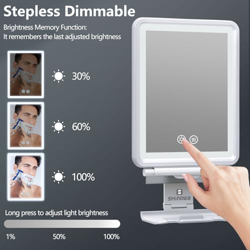 Heated Shower Mirror Fogless for Shaving, 3 Colors Stepless Dimmable Lights Fogless Mirror for Shower, Rechargeable Anti Fog Shaving Mirror with Razor Holder for Men, Light Memory Function, White