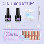 BTArtbox XCOATTIPS Gel Nail Kit - Long Square Nail Tips with Gel Glue, Top Coat, Nail Lamp, Brown Pre-colored Gel Nails, One-Step Fake Nails Kit for Nail Art DIY