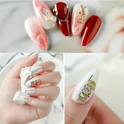 52pcs Gold Letters Nail Charms 3D Alloy English Alphabet Stud Nail Diamonds with Rhinestones Design Letter Capital Nail Gems for Women Girls Acrylic Nails Decoration Supplies Making Crafts