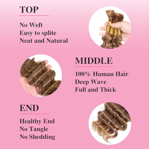Blonde Braiding Hair 100g 20 Inch Human Braiding Hair Deep Water Wave Bulk Human Hair for Braiding Brazilian Human Braiding Hair for Boho Braids Color 30