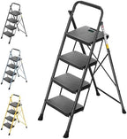 TICONN 4 Step Ladder, Heavy Duty Foldable Step Stool, Portable Steel Folding Stool for Household Garage Storage (Black)