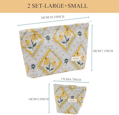2 Pcs Makeup Bags, Large Cosmetic Bag Travel Toiletry Bag Organizer for Women, Embroidery Craft, Floral Makeup Bag Small Cosmetic Pouch Purse with Zipper Gifts for Girls Teen