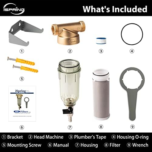 iSpring WSP-50 Reusable Whole House Spin Down Sediment Water Filter, 50 Micron Flushable Prefilter Filtration, 1" MNPT + 3/4" FNPT, Lead-Free Brass