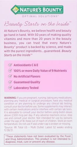 Nature's Bounty Optimal Solutions Hair, Skin & Nails Formula, with 3,000 mcg Biotin, 20 Total Servings, 60 Coated Caplets (Pack of 2)