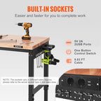 VEVOR Workbench for Garage 72" Adjustable Workbench, Heavy-Duty Hardwood Worktable with Universal Wheels, 3000 LBS Load Capacity, with Power Outlets, for Workshop, Garage, Office and Home