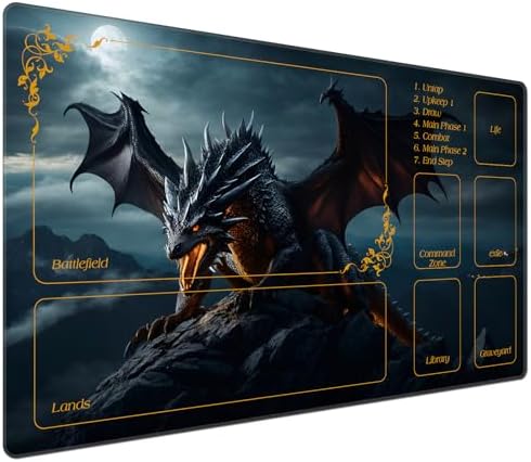 DEGDFSGR for MTG Playmat with Zones 24 x 14 inches for TCG Playmats Non-Slip Rubber Base Commander Play Mat for Lorcana Trading Card Game, Rock Wings Black Dragon Fire